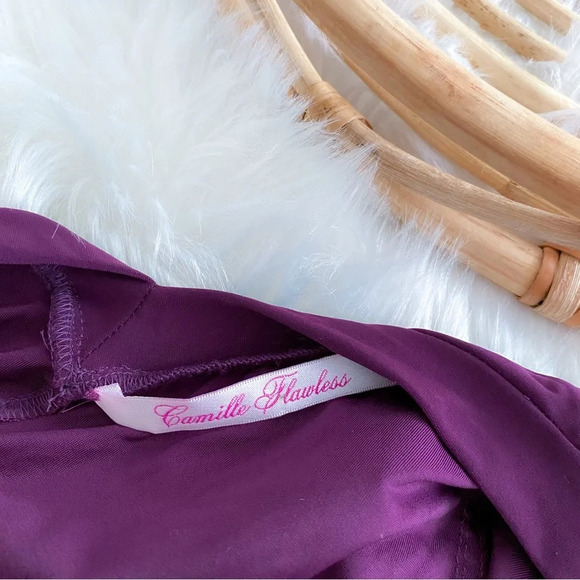 Camille Flawless Open Back Maxi Long Dress Purple Ruched Slit Low V-back Bodycon - Picture 7 of 12